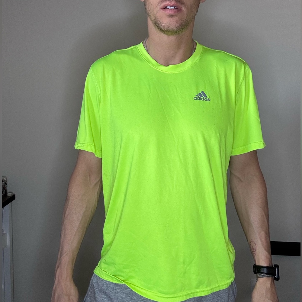 ADIDAS neon dry fit work out shirt, size L